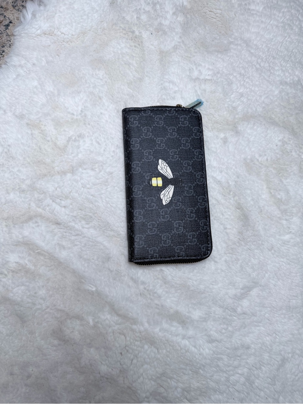 Black Monogram Zip Wallet with Bee Motif